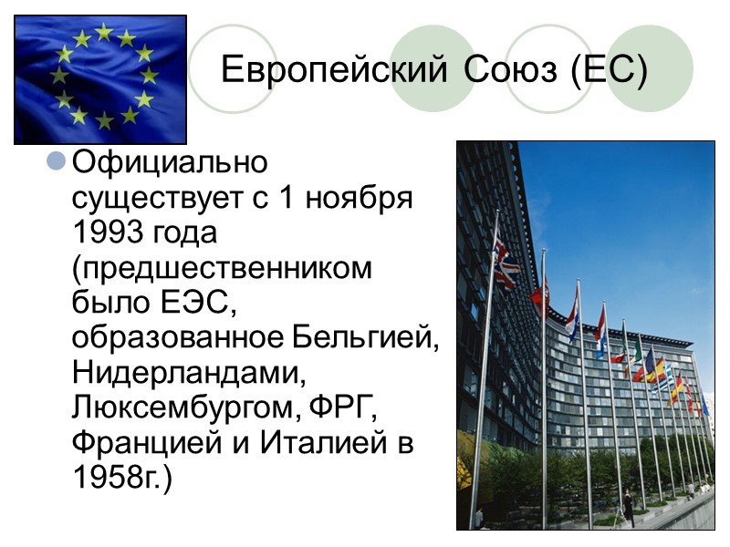 Европейский Союз (ЕС) Официально существует с 1 ноября 1993 года (предшественником было ЕЭС, образованное
